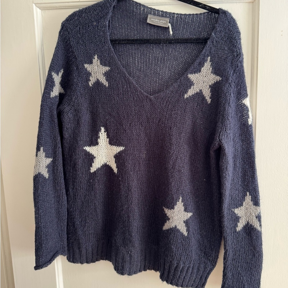 Wooden Ships Blue and White V-Neck Star Sweater